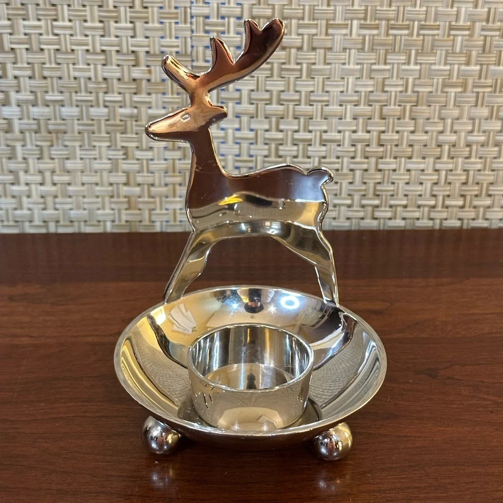 🎄Crate & Barrel Silver Tone Reindeer Votive Tea Light Candle Holder Ball Feet